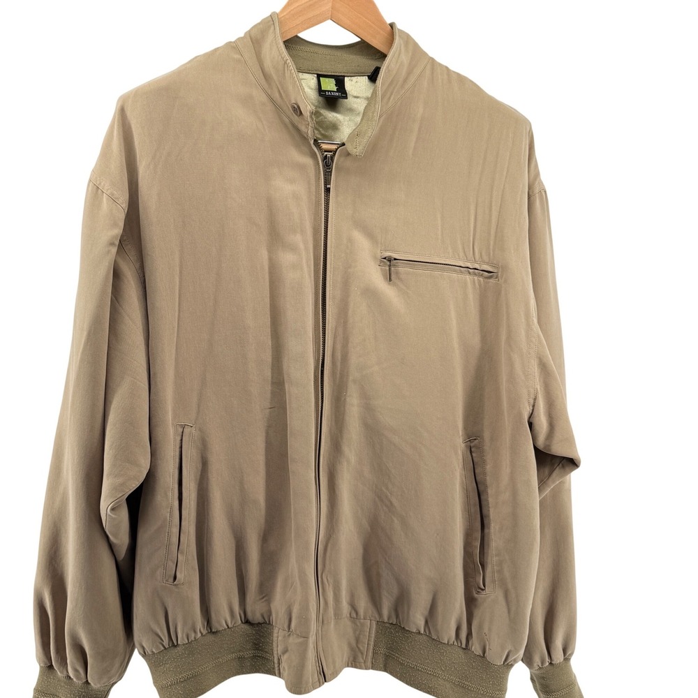 Saxony Silk 4 Golf Jacket Mens Large Tan Full Zip 100%‎ Silk Bomber Mock Neck L